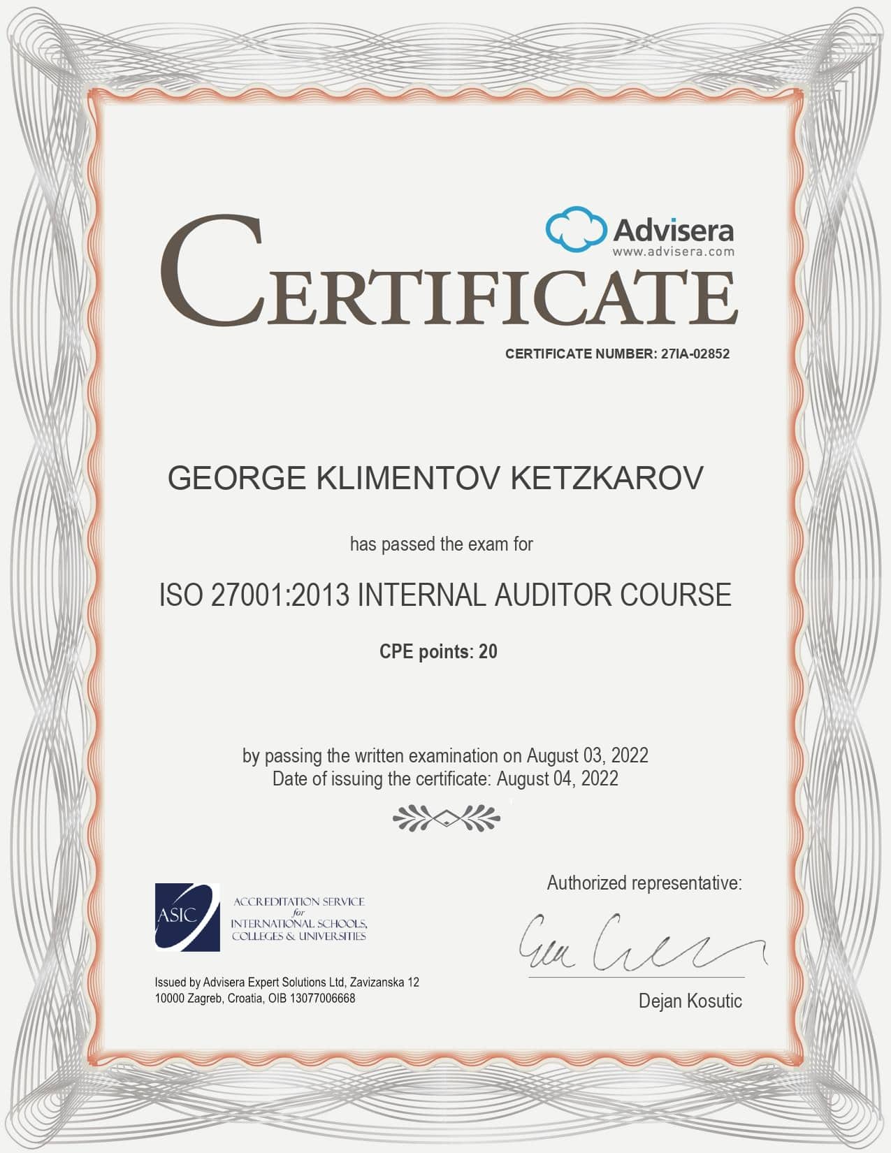 27IA-02852 Certificate ISO 27001 Internal Auditor GEORGE KLIMENTOV KETZKAROV