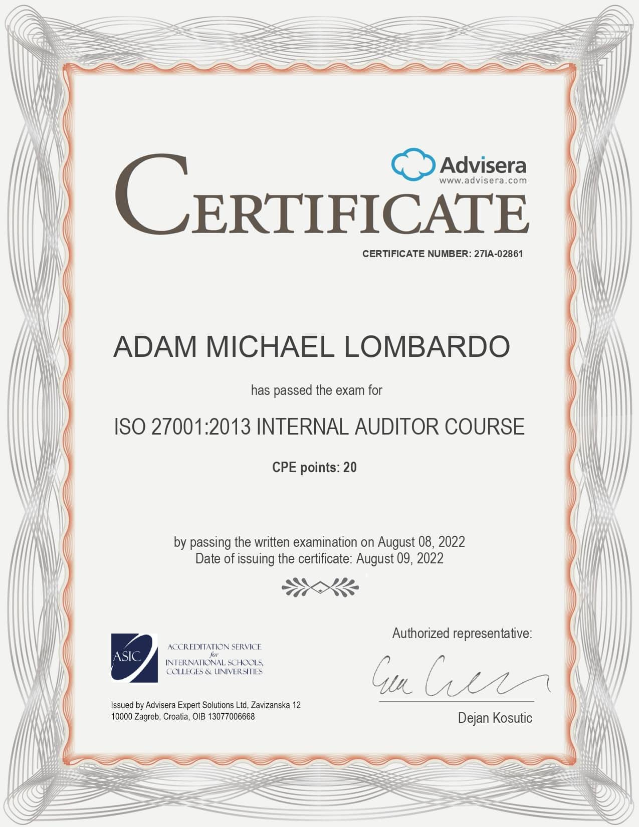 27IA-02861 Certificate ISO 27001 Internal Auditor ADAM MICHAEL LOMBARDO