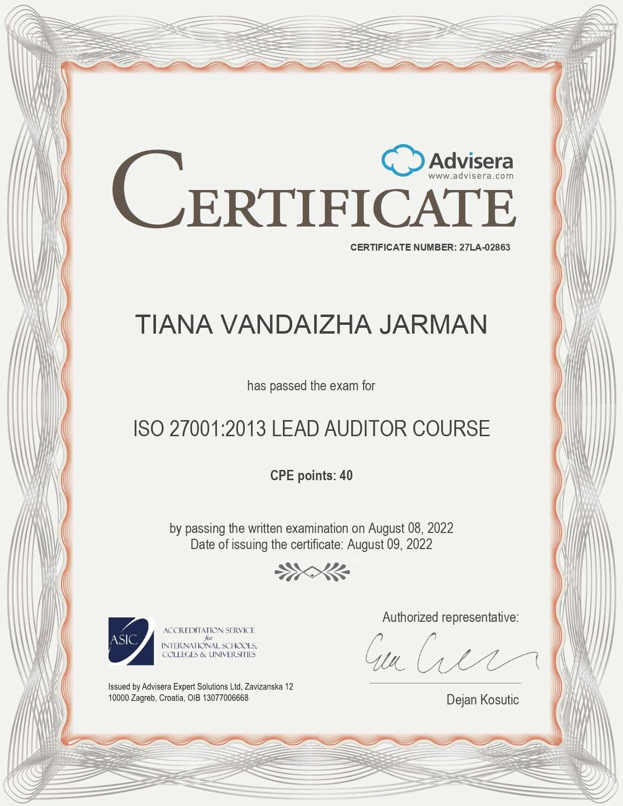 27LA-02863 Certificate ISO 27001 Lead Auditor TIANA VANDAIZHA JARMAN