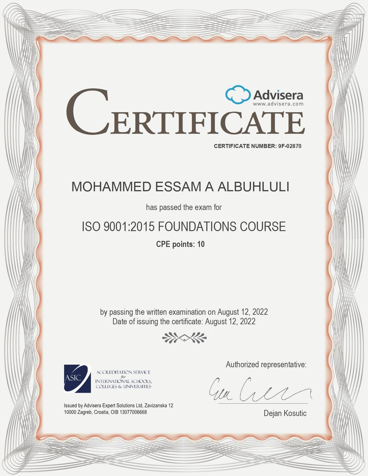 9F-02870 Certificate ISO 9001 Foundations MOHAMMED ESSAM A ALBUHLULI