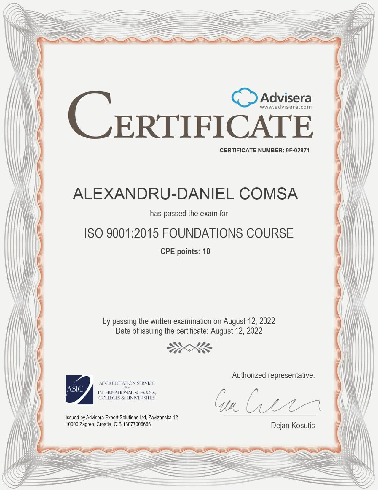 9F-02871 Certificate ISO 9001 Foundations ALEXANDRU-DANIEL COMSA
