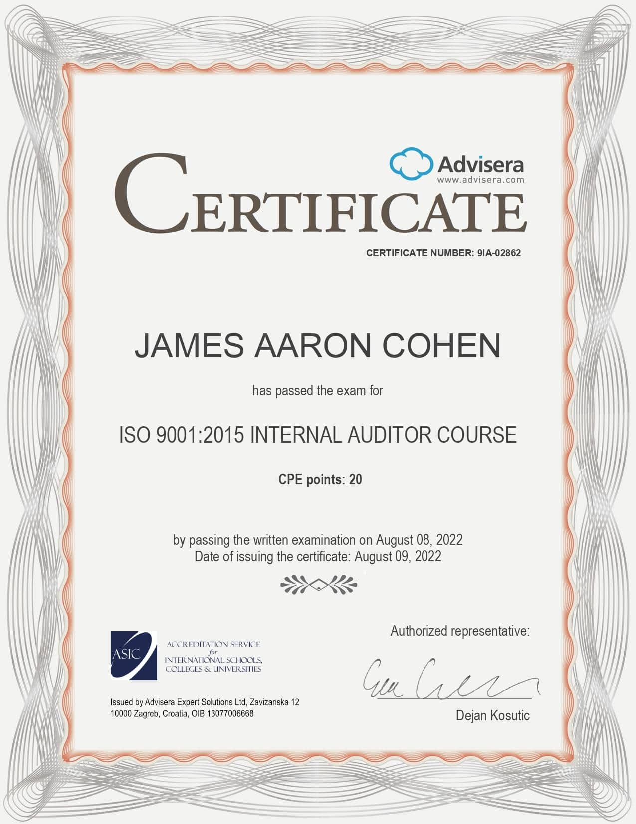 9IA-02862 Certificate ISO 9001 Internal Auditor JAMES AARON COHEN