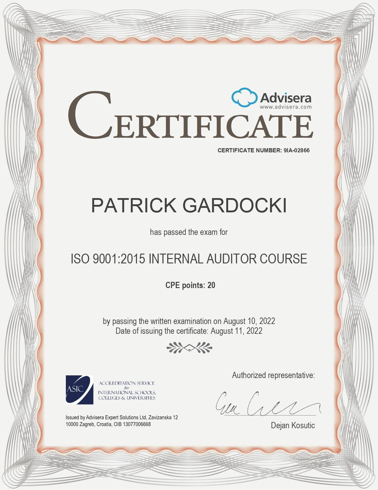 9IA-02866 Certificate ISO 9001 Internal Auditor PATRICK GARDOCKI