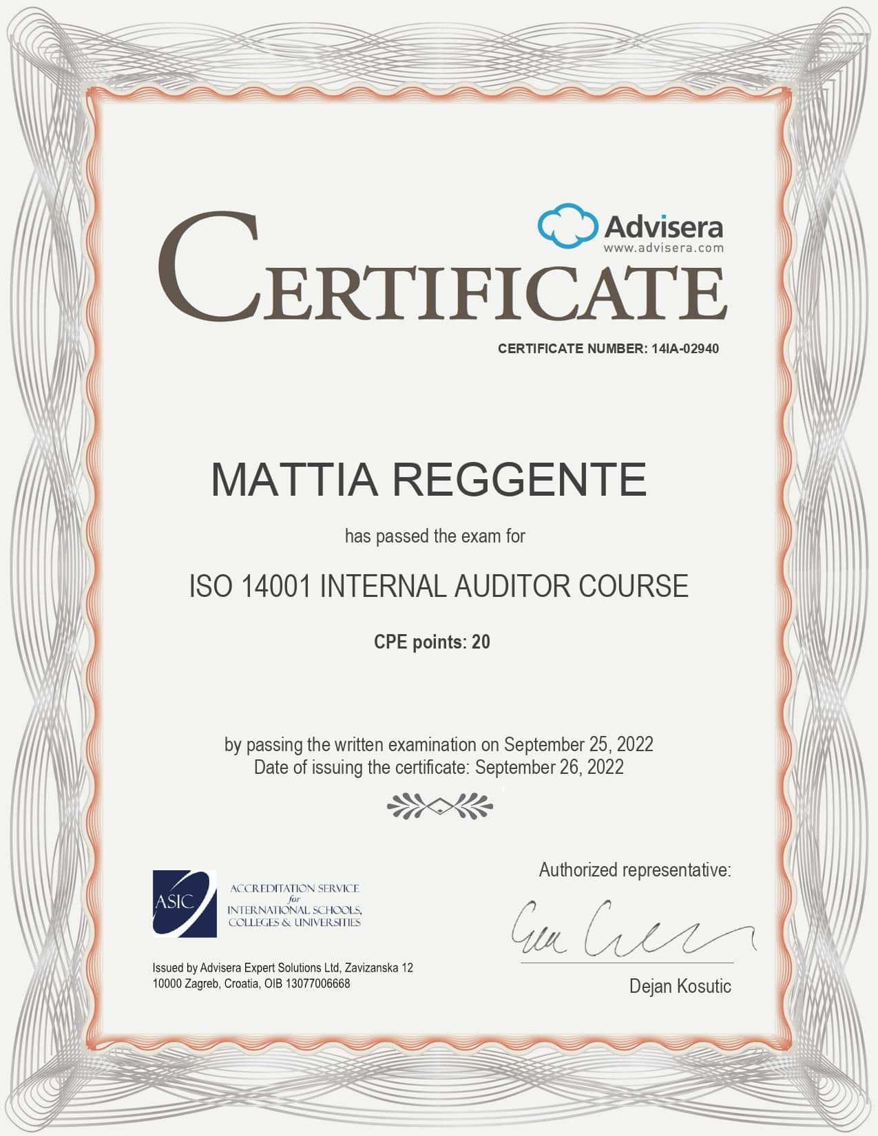 14IA-02940 Certificate ISO 14001 Internal Auditor MATTIA REGGENTE