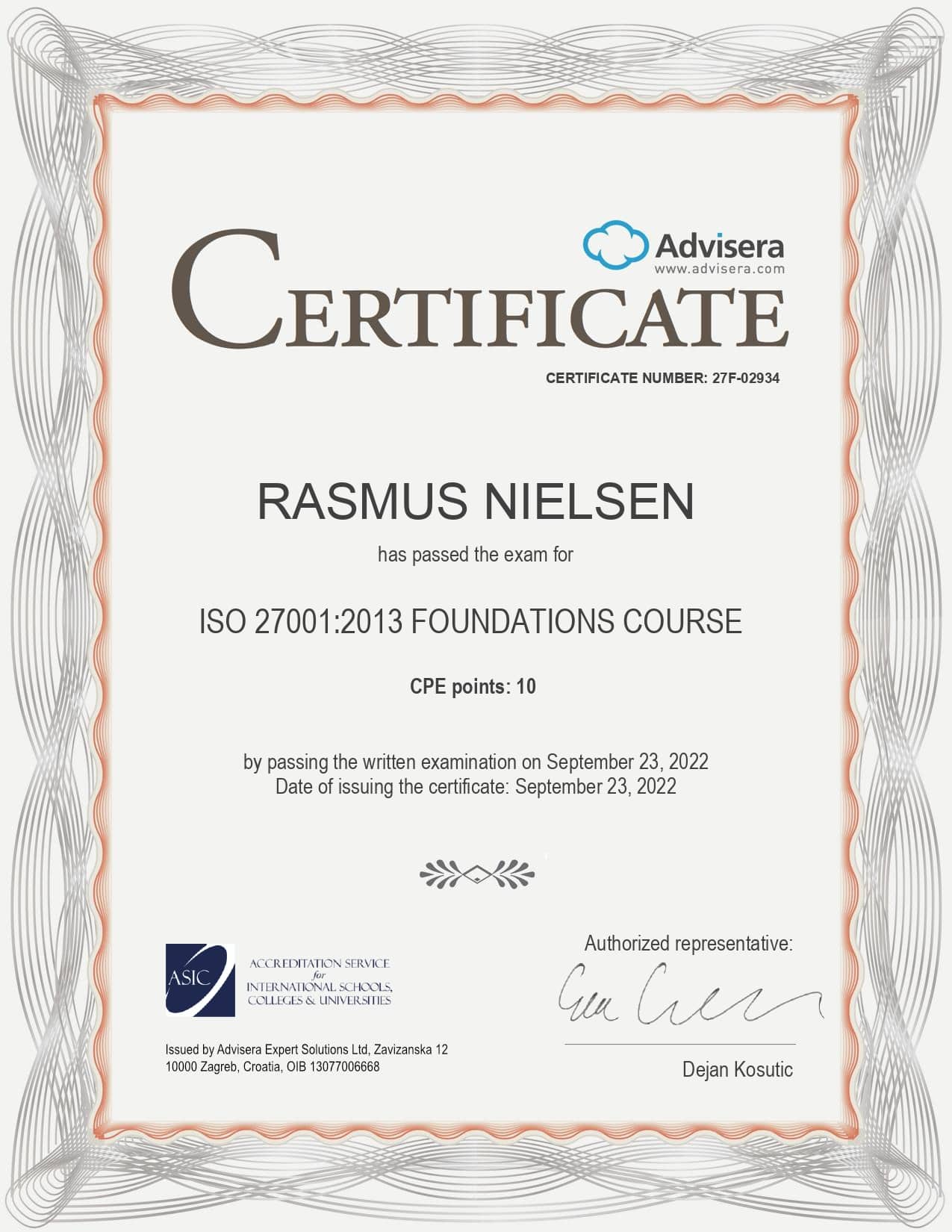 27F-02934 Certificate ISO 27001 Foundations Course RASMUS NIELSEN