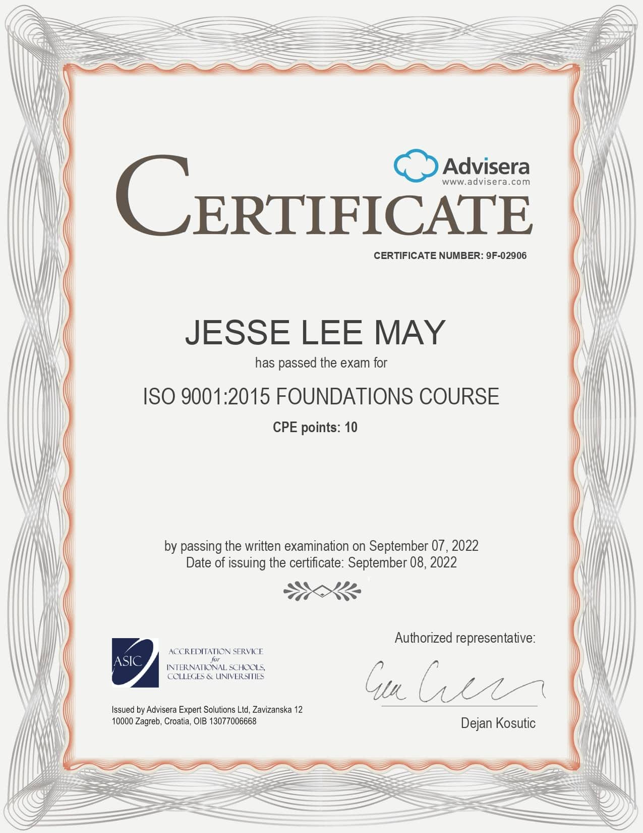 9F-02906 Certificate ISO 9001 Foundations JESSE LEE MAY