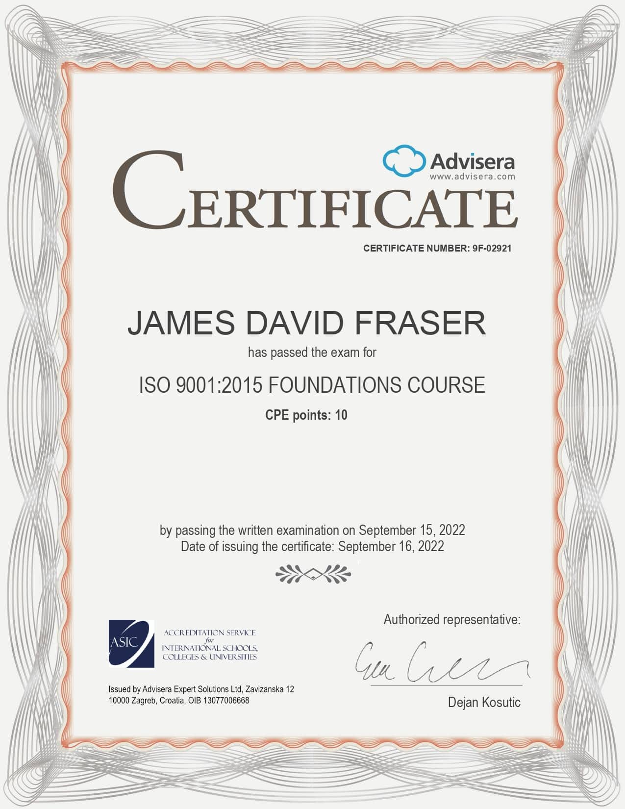 9F-02921 Certificate ISO 9001 Foundations JAMES DAVID FRASER