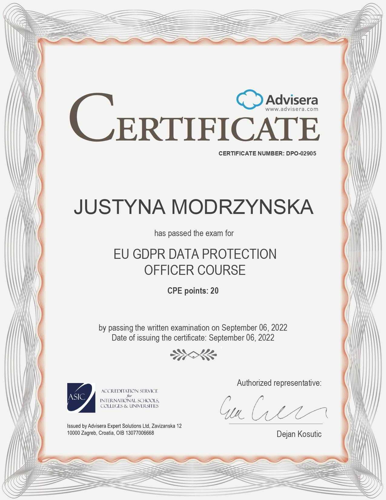 DPO-02905 Certificate EU GDPR DPO course JUSTYNA MODRZYNSKA