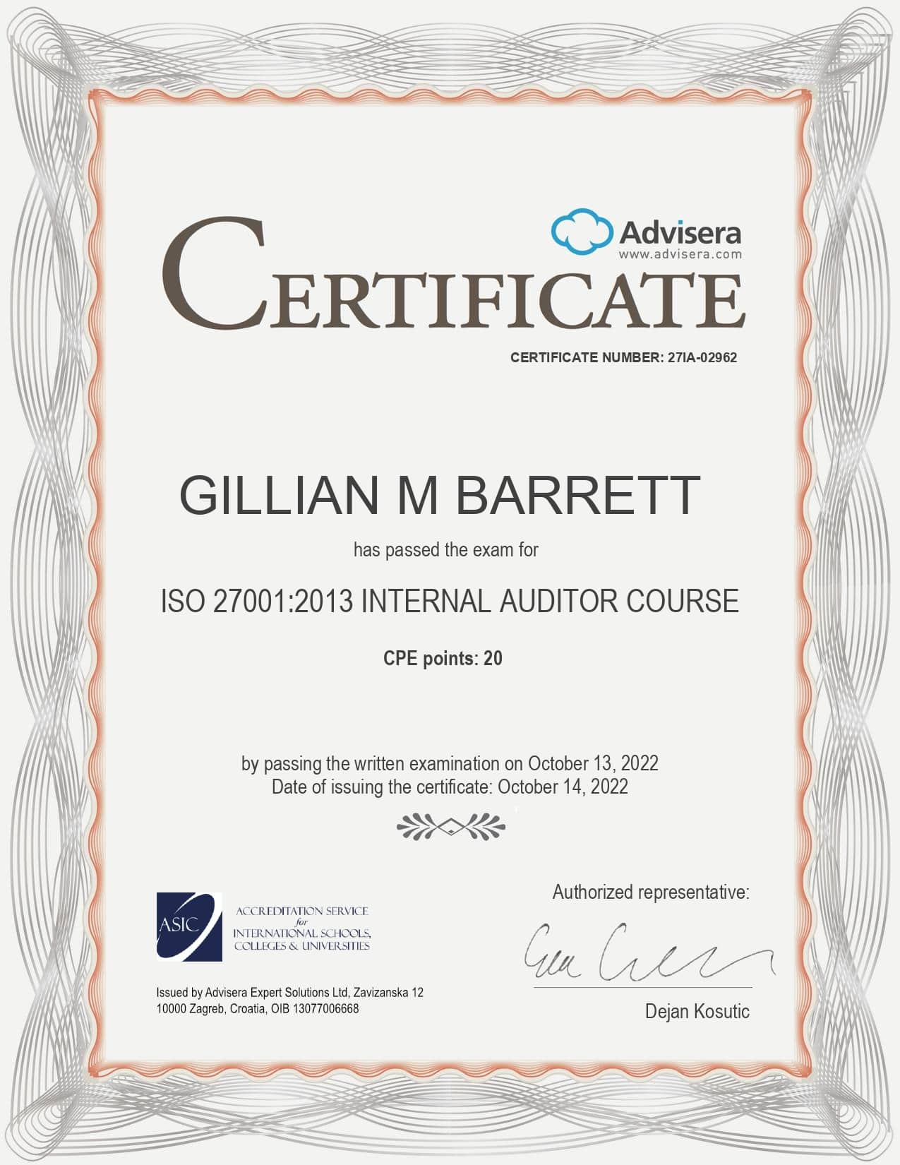 27IA-02962 Certificate ISO 27001 Internal Auditor GILLIAN M BARRETT