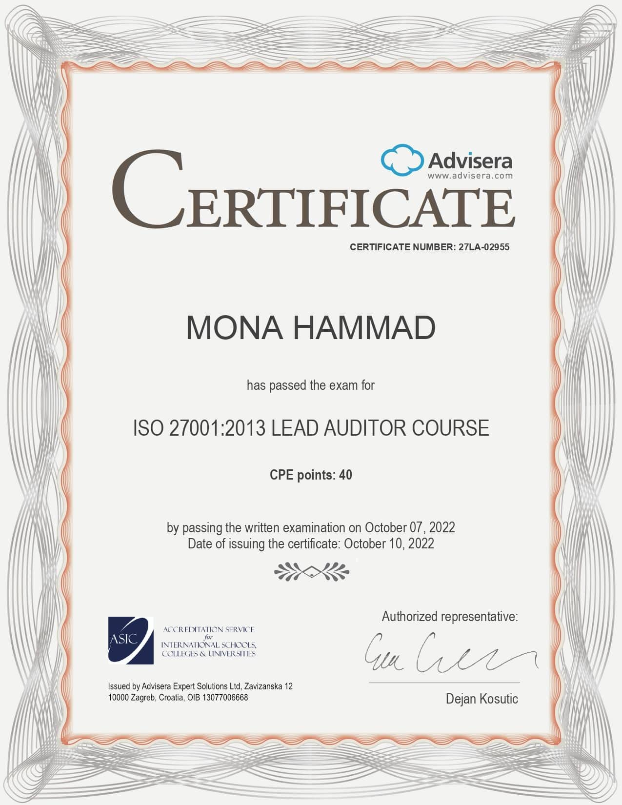 27LA-02955 Certificate ISO 27001 Lead Auditor MONA HAMMAD