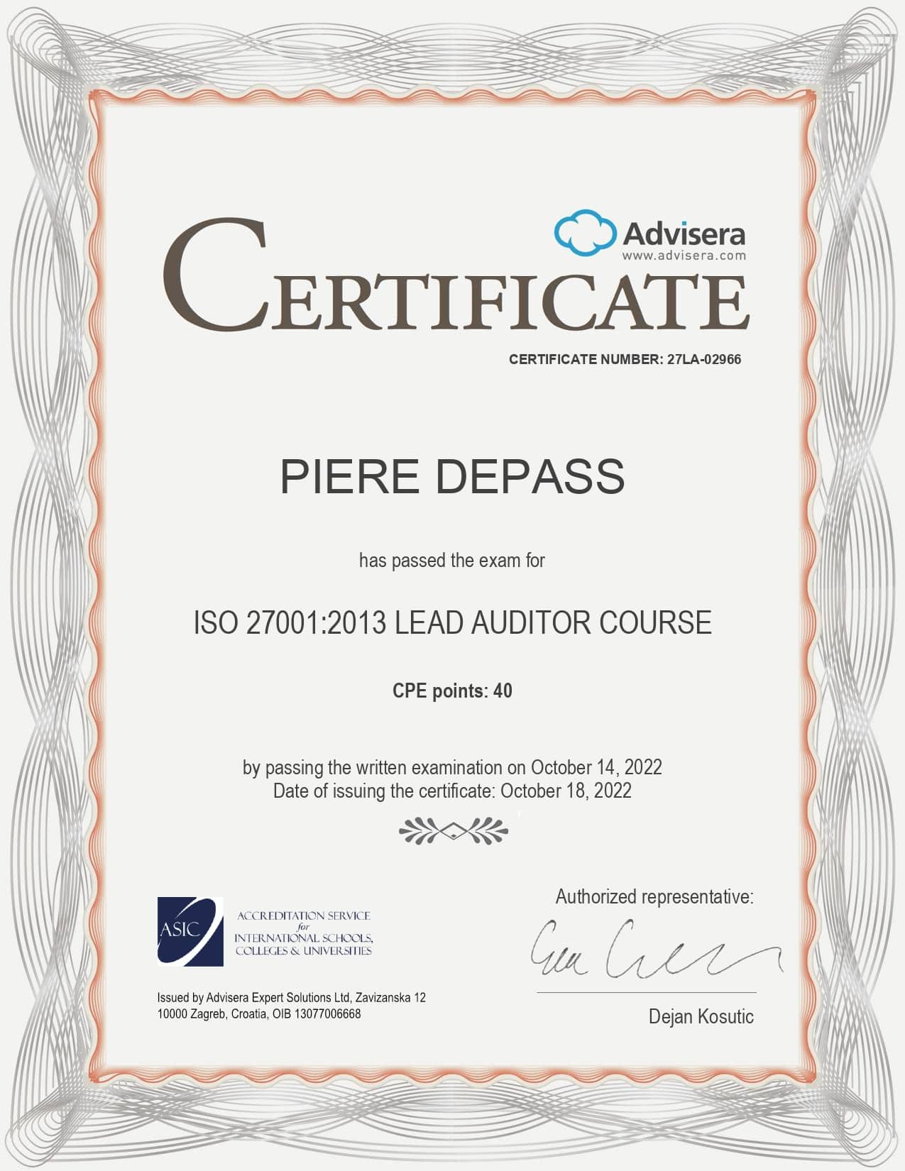 27LA02966 Certificate ISO 27001 Lead Auditor PIERE DEPASS Advisera
