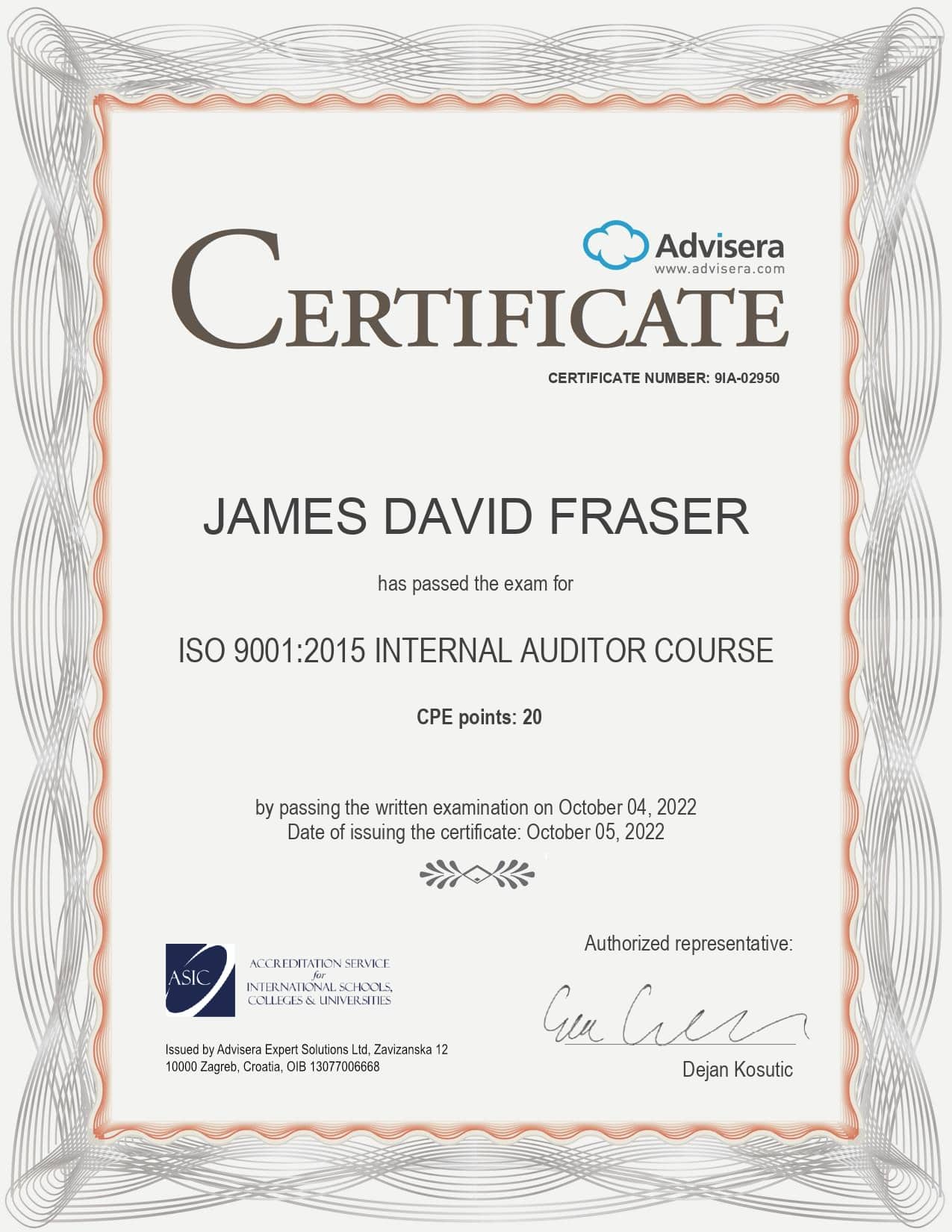 9IA-02950 Certificate ISO 9001 Internal Auditor JAMES DAVID FRASER