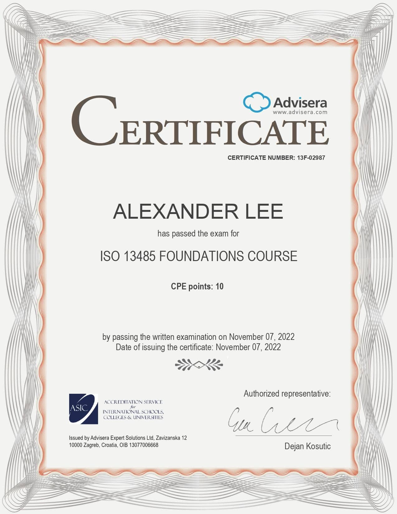 13F-02987 Certificate ISO 13485 Foundations ALEXANDER LEE