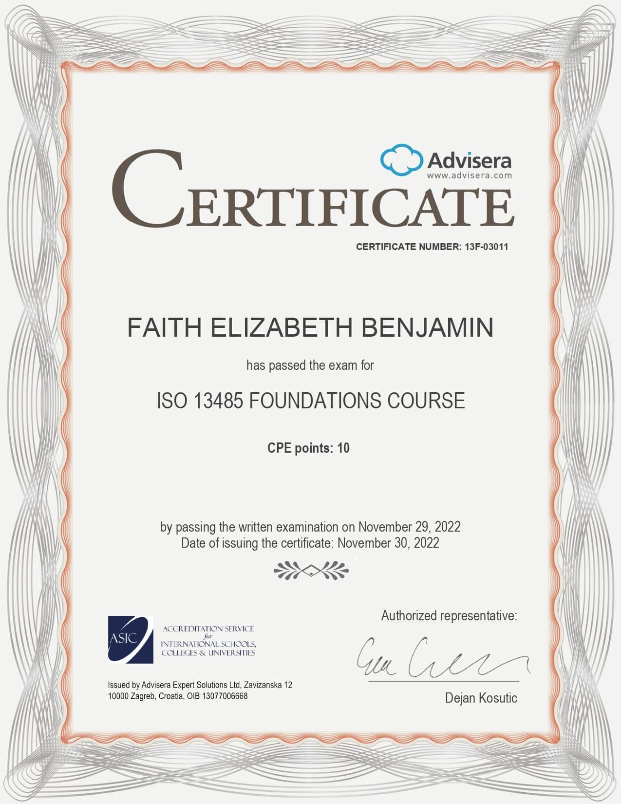 13F-03011 Certificate ISO 13485 Foundations FAITH ELIZABETH BENJAMIN