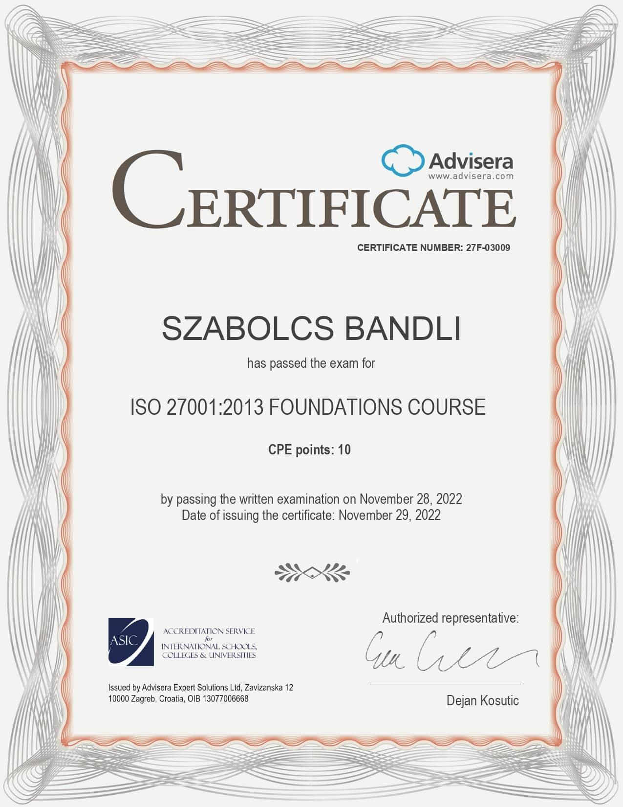 27F-03009 Certificate ISO 27001 Foundations Course SZABOLCS BANDLI