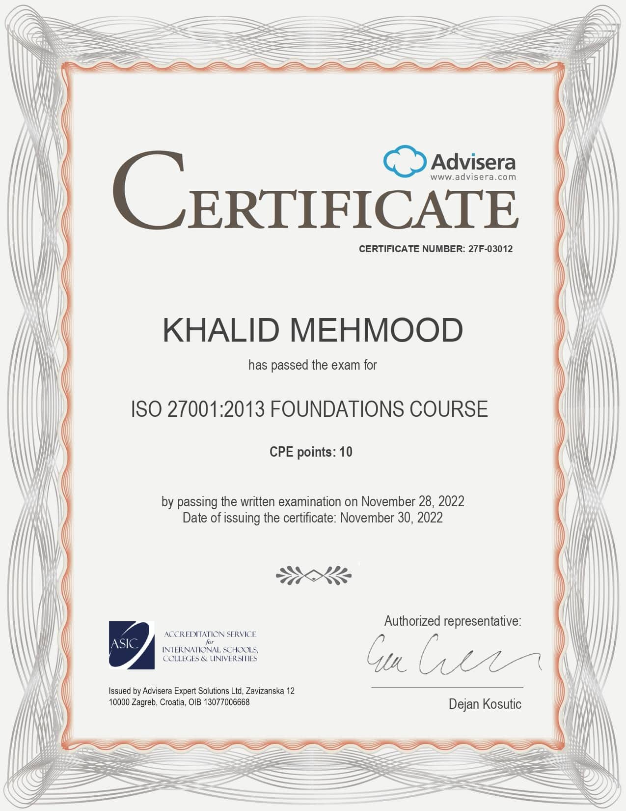 27F-03012 Certificate ISO 27001 Foundations Course KHALID MEHMOOD