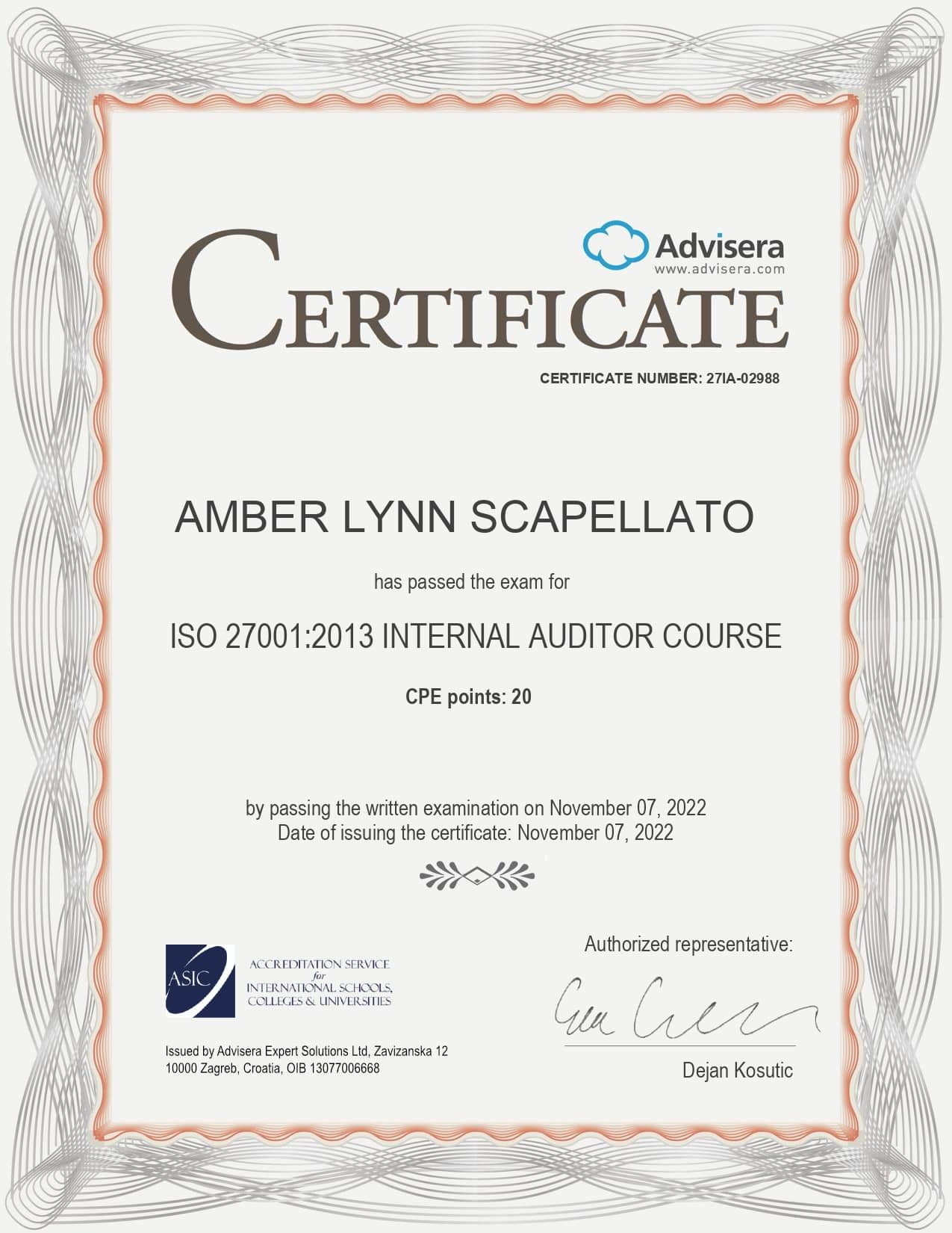 27IA-02988 Certificate ISO 27001 Internal Auditor AMBER LYNN SCAPELLATO
