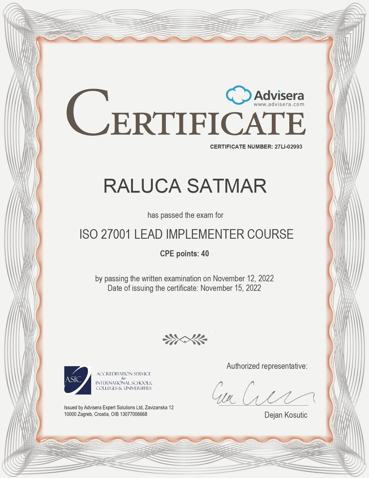 27LI-02993 Certificate ISO 27001 Lead Implementer RALUCA SATMAR