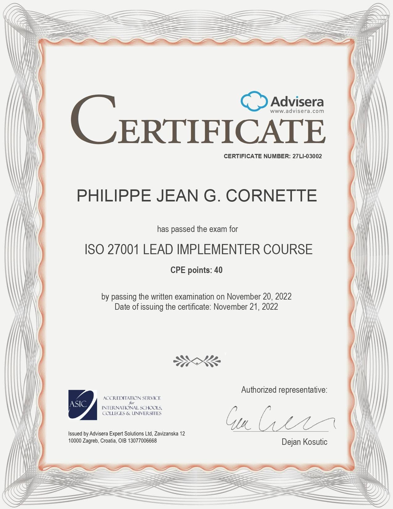 27LI-03002 Certificate ISO 27001 Lead Implementer PHILIPPE JEAN G. CORNETTE