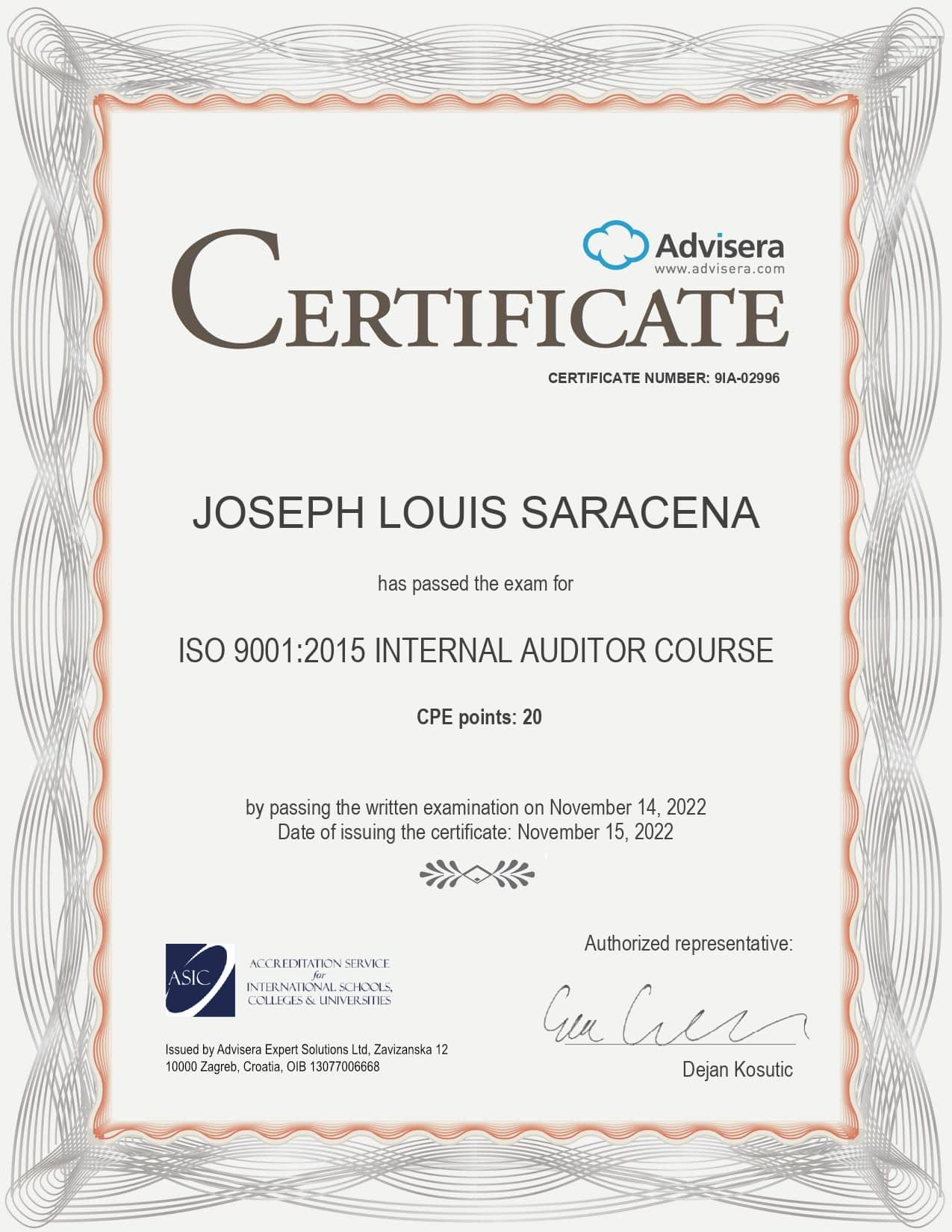 9IA-02996 Certificate ISO 9001 Internal Auditor JOSEPH LOUIS SARACENA