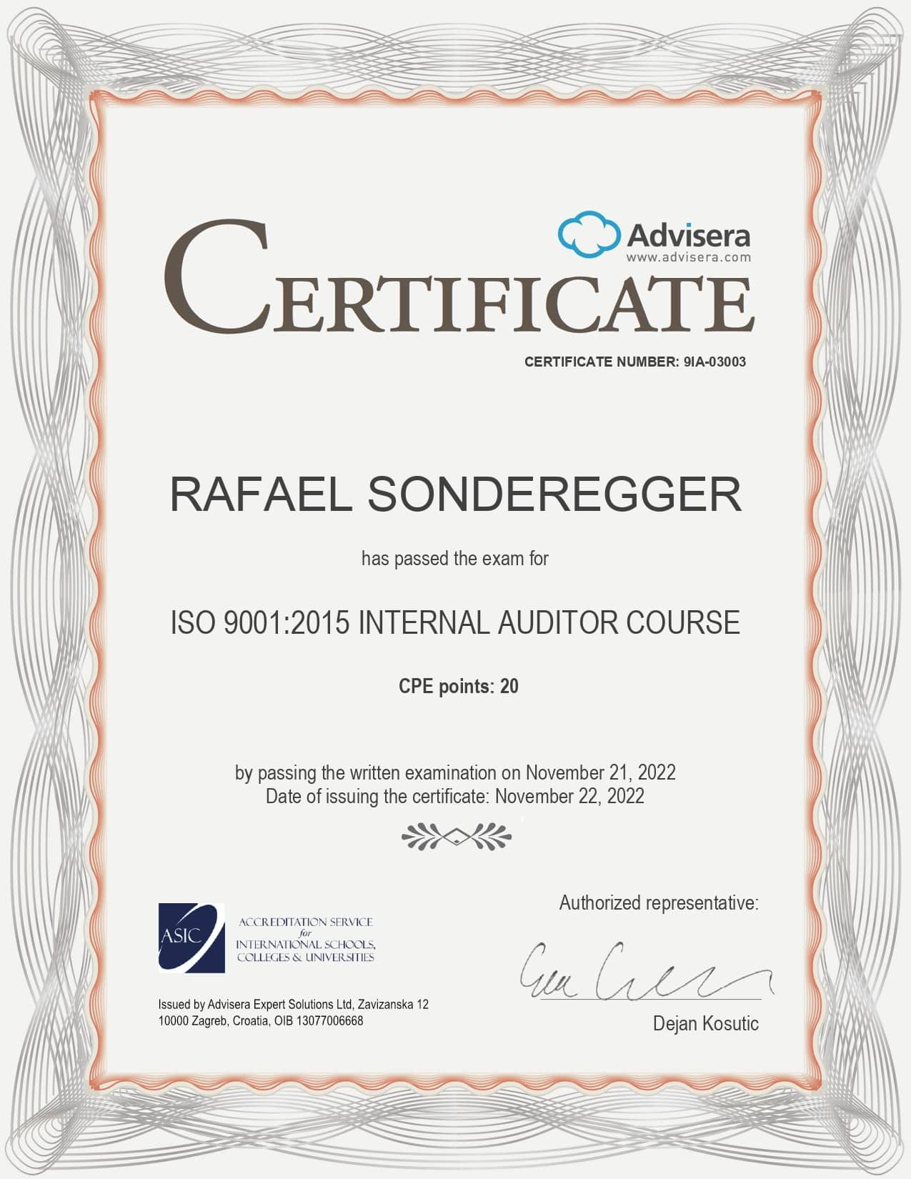9IA-03003 Certificate ISO 9001 Internal Auditor RAFAEL SONDEREGGER