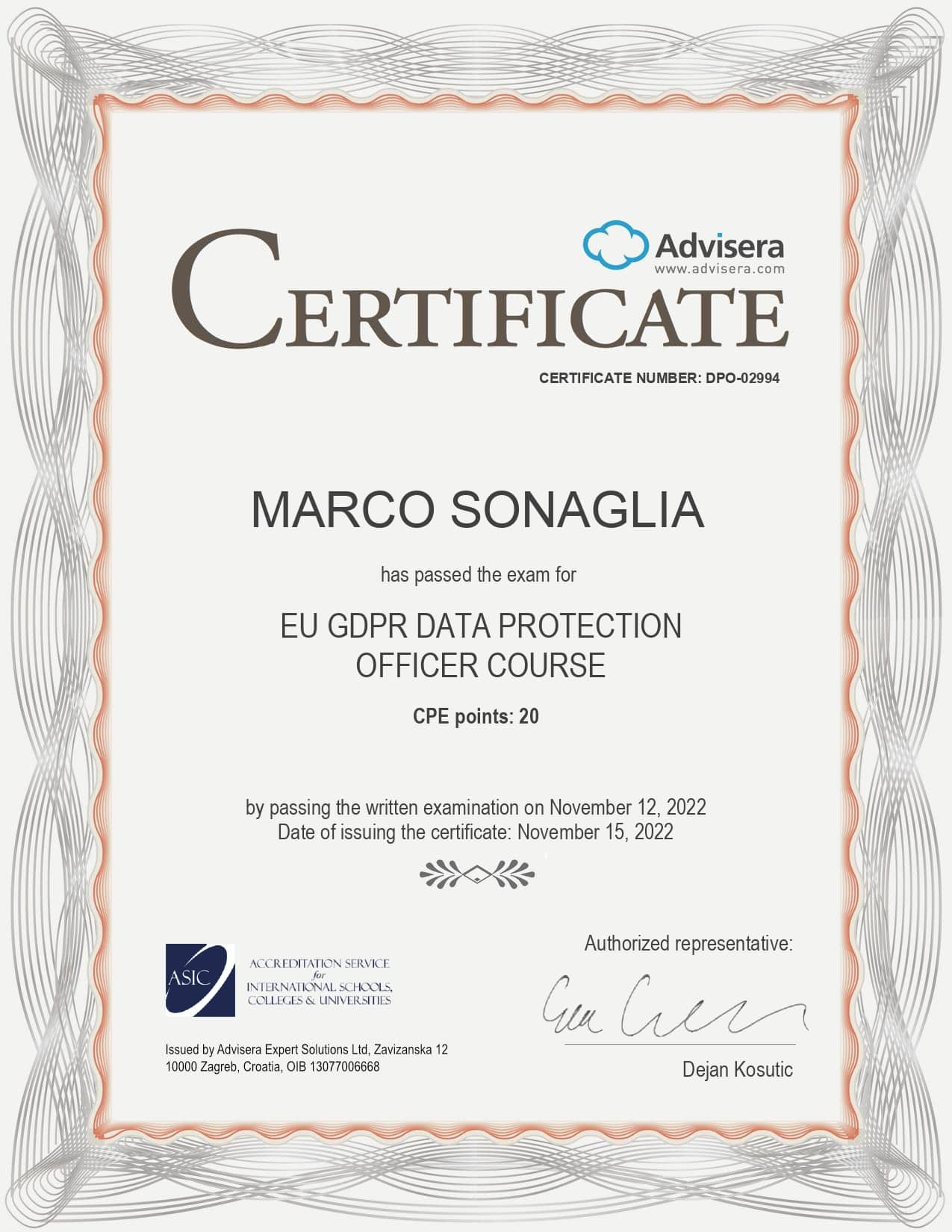 DPO-02994 Certificate EU GDPR DPO course MARCO SONAGLIA