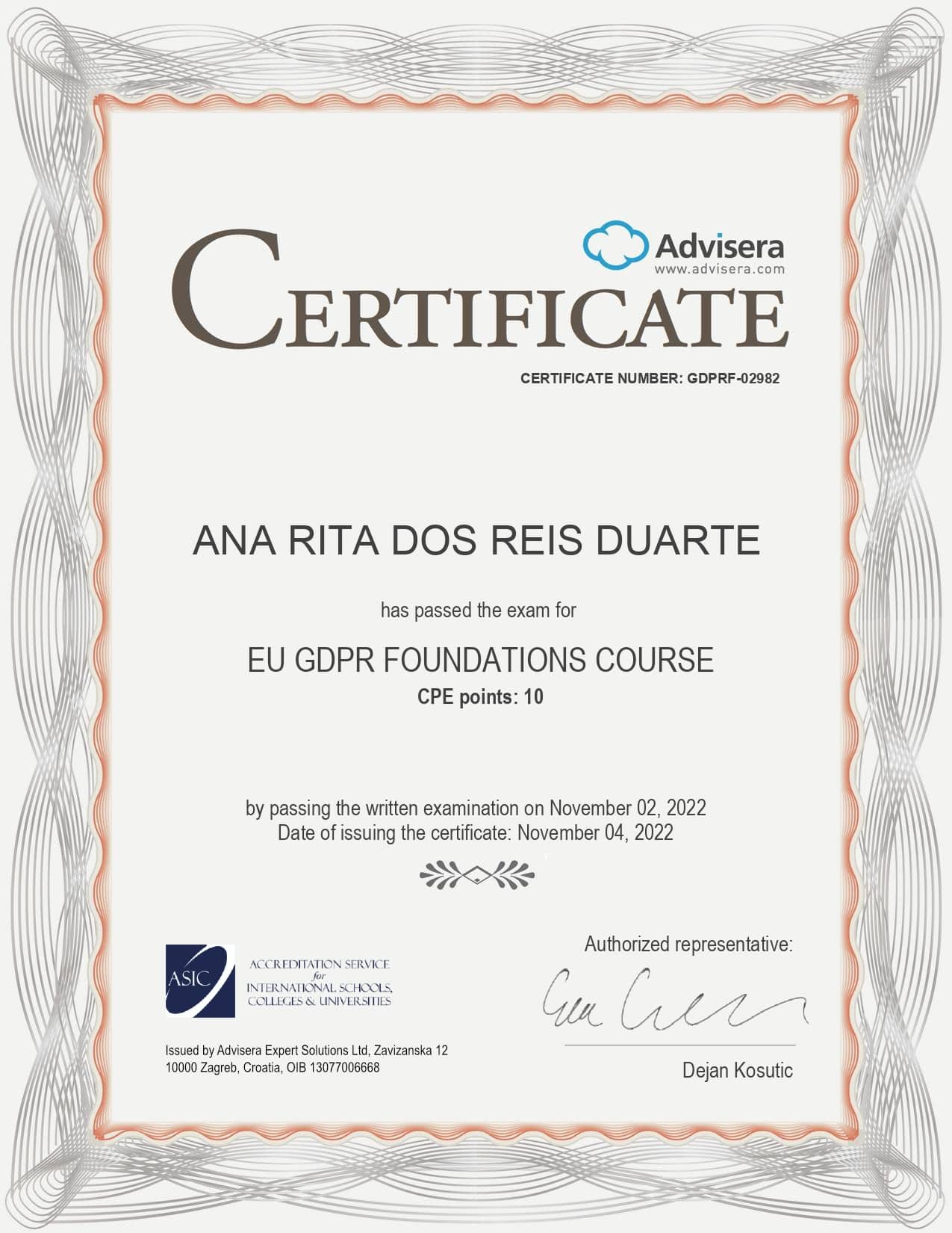 GDPRF-02982 Certificate EU GDPR Foundations course ANA RITA DOS REIS DUARTE