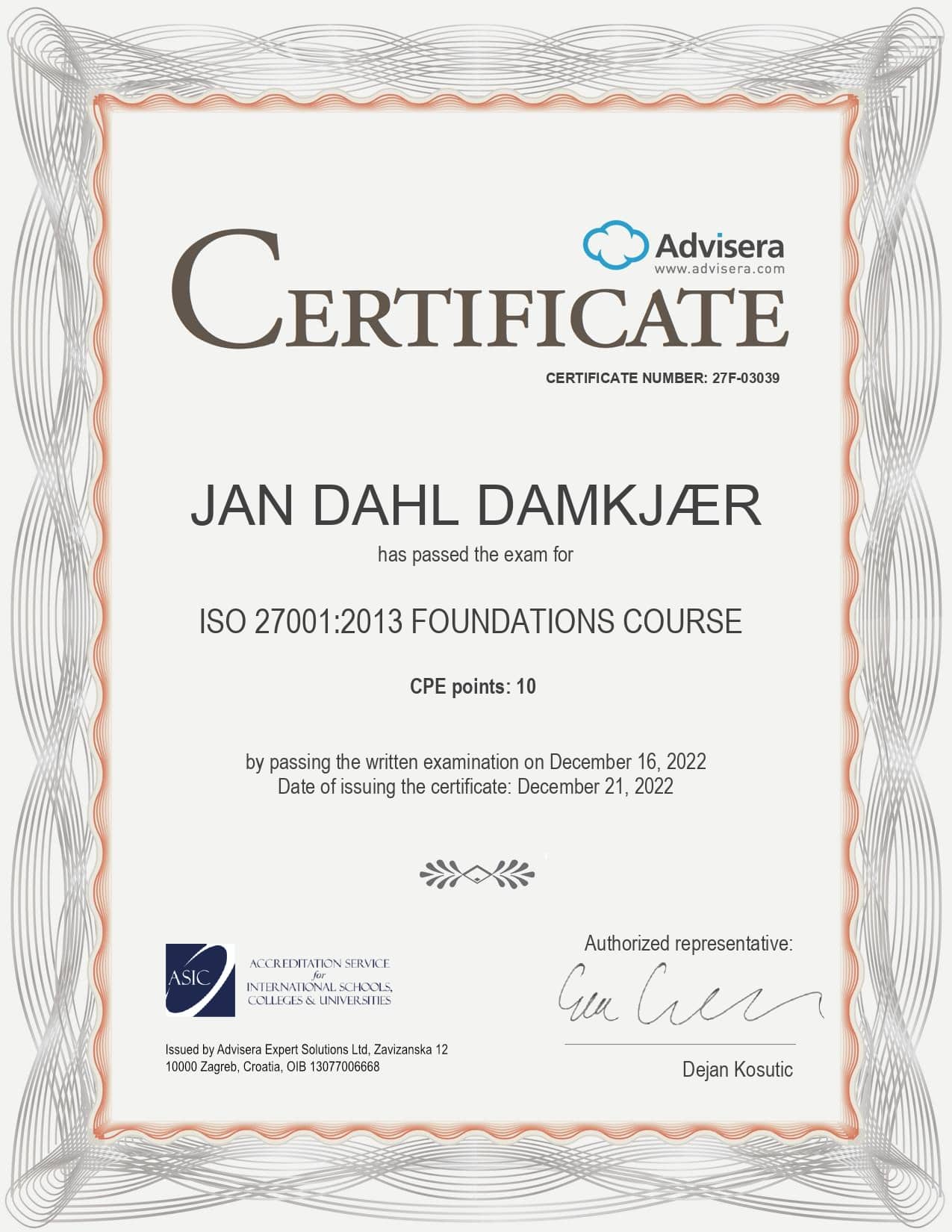 27F-03039 Certificate ISO 27001 Foundations Course JAN DAHL DAMKJÆR