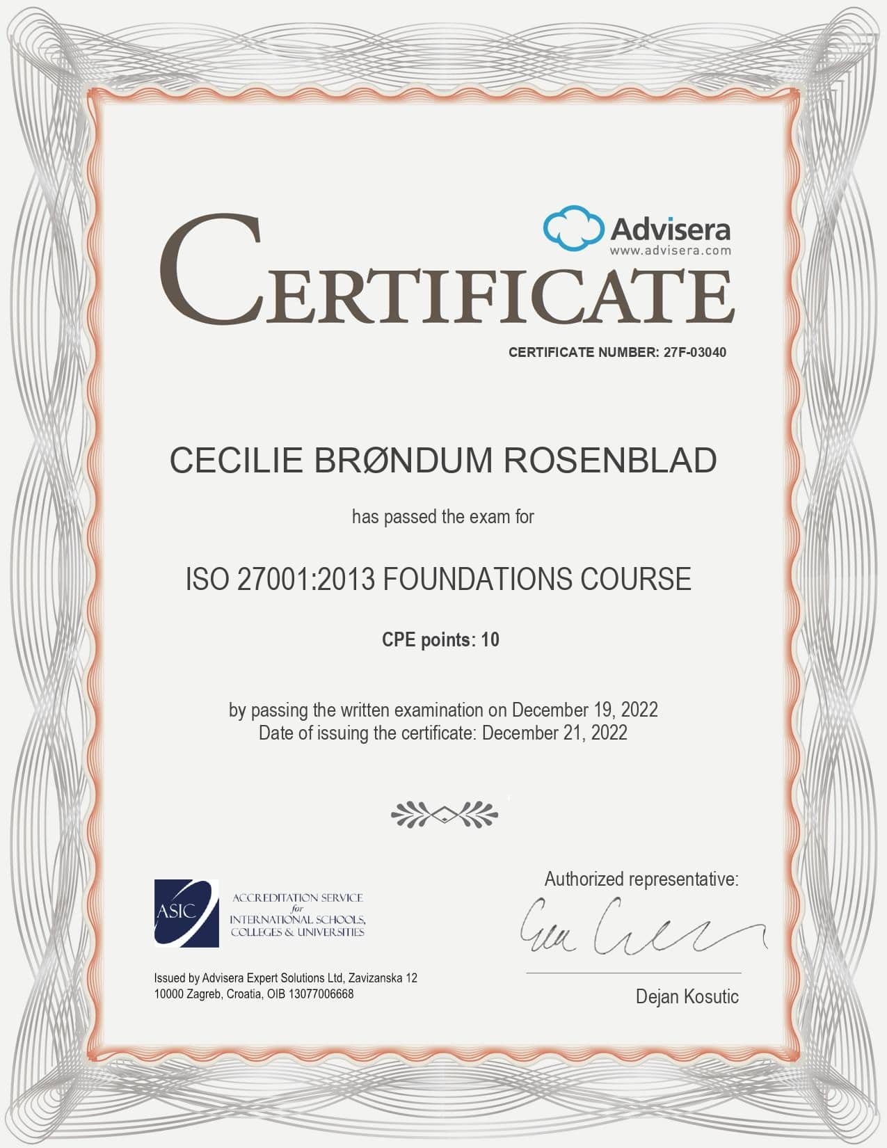 27F-03040 Certificate ISO 27001 Foundations Course CECILIE BRØNDUM ROSENBLAD