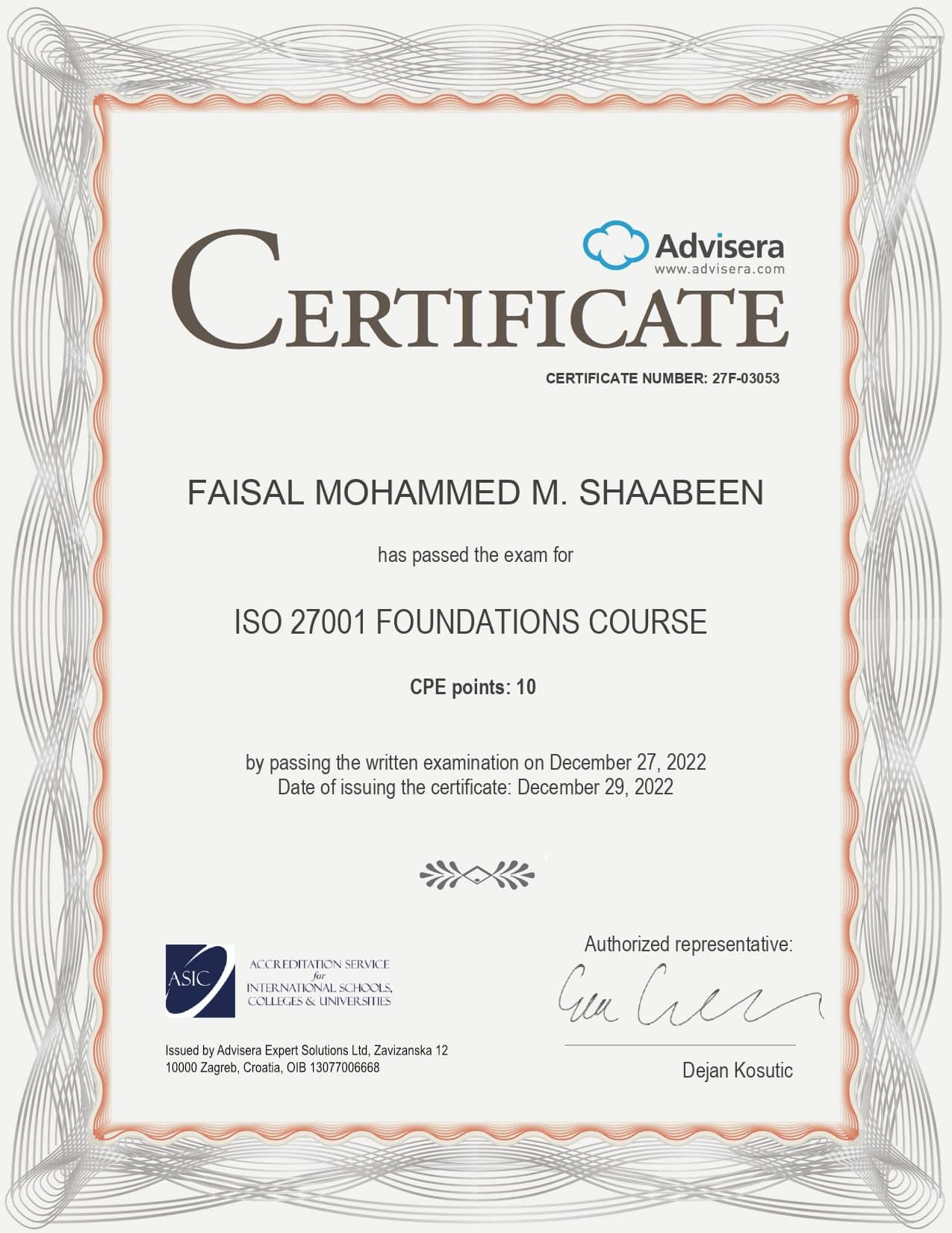 27F-03053 Certificate ISO 27001 Foundations Course FAISAL MOHAMMED M. SHAABEEN