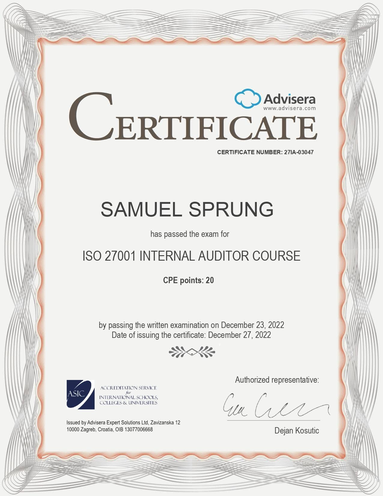 27IA-03047 Certificate ISO 27001 Internal Auditor SAMUEL SPRUNG