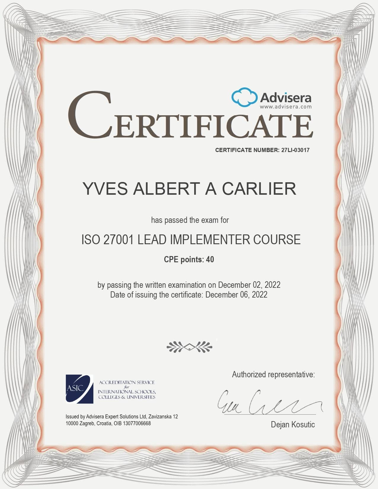 27LI-03017 Certificate ISO 27001 Lead Implementer YVES ALBERT A CARLIER