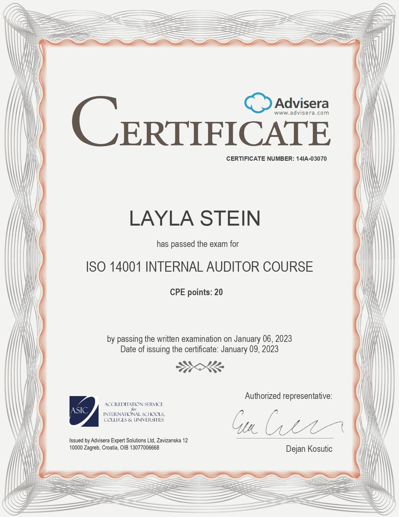 14IA-03070 Certificate ISO 14001 Internal Auditor LAYLA STEIN