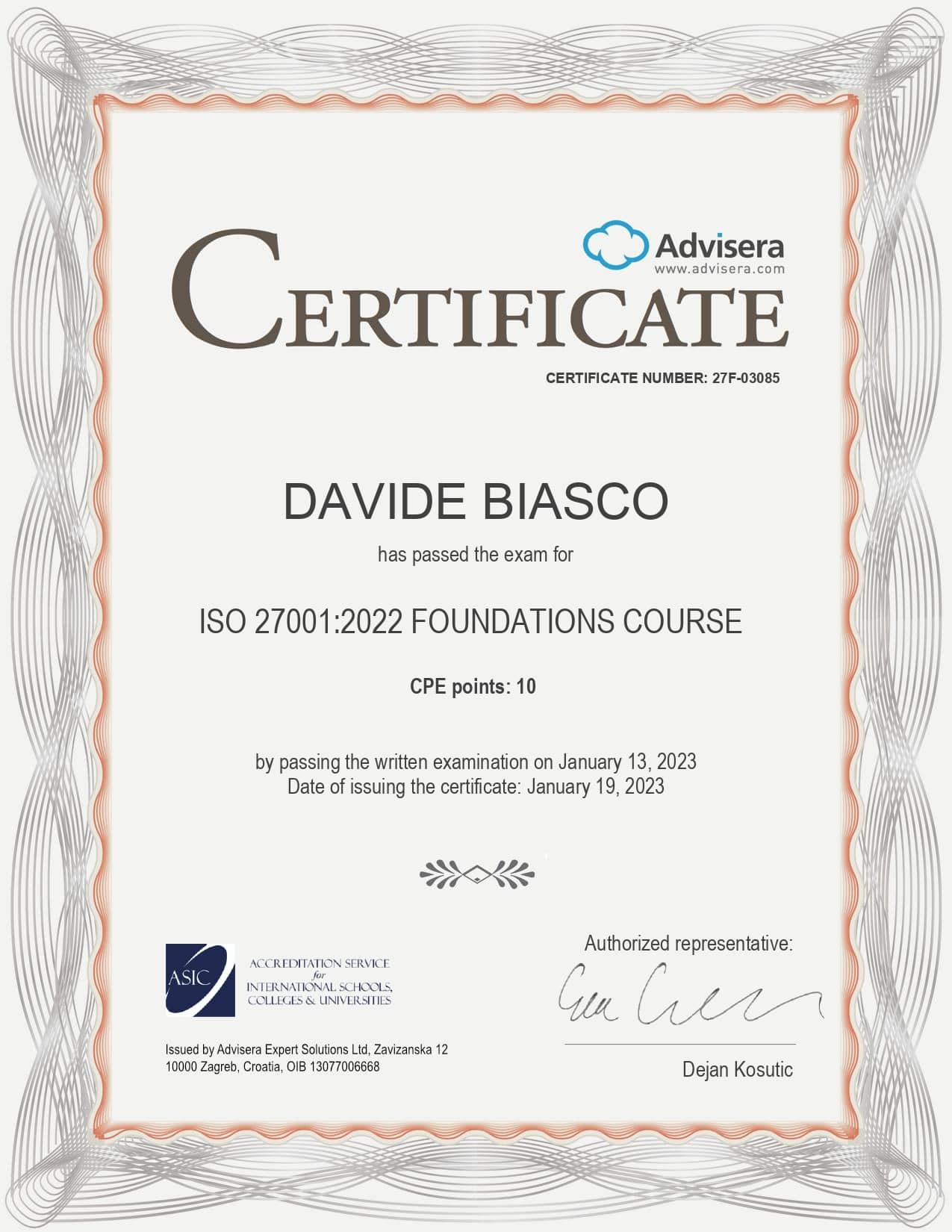 27F-03085 Certificate ISO 27001 Foundations Course DAVIDE BIASCO
