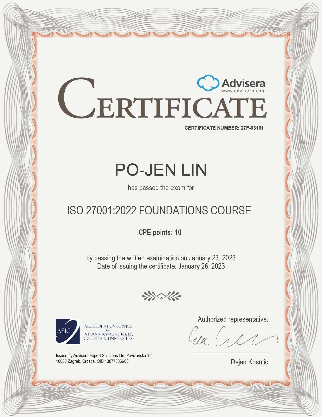27F-03101 Certificate ISO 27001 Foundations Course PO-JEN LIN