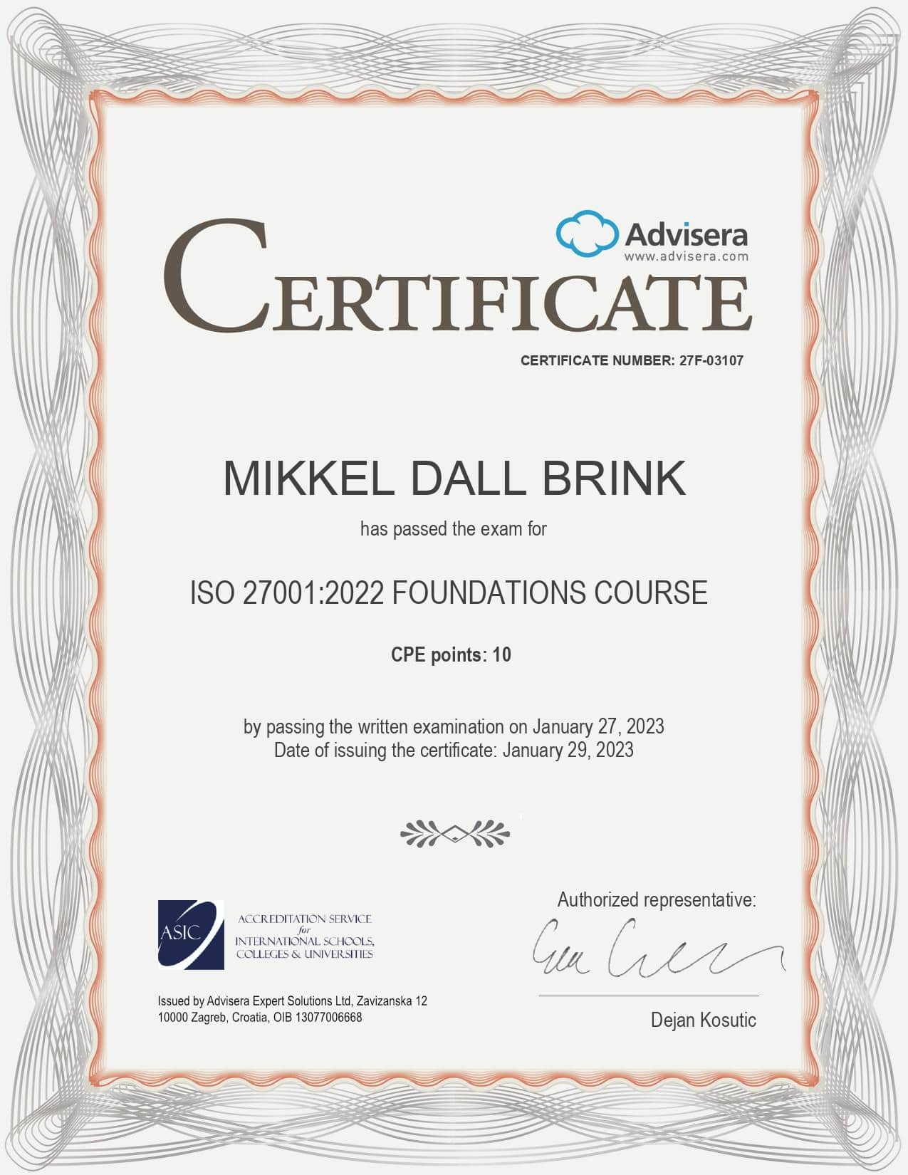 27F-03107 Certificate ISO 27001 Foundations Course MIKKEL DALL BRINK