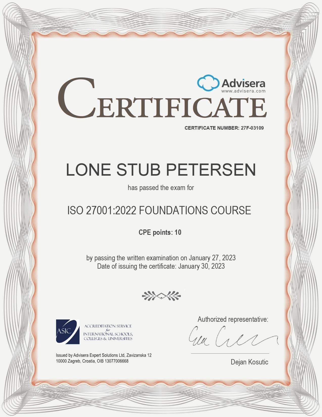 27F-03109 Certificate ISO 27001 Foundations Course LONE STUB PETERSEN