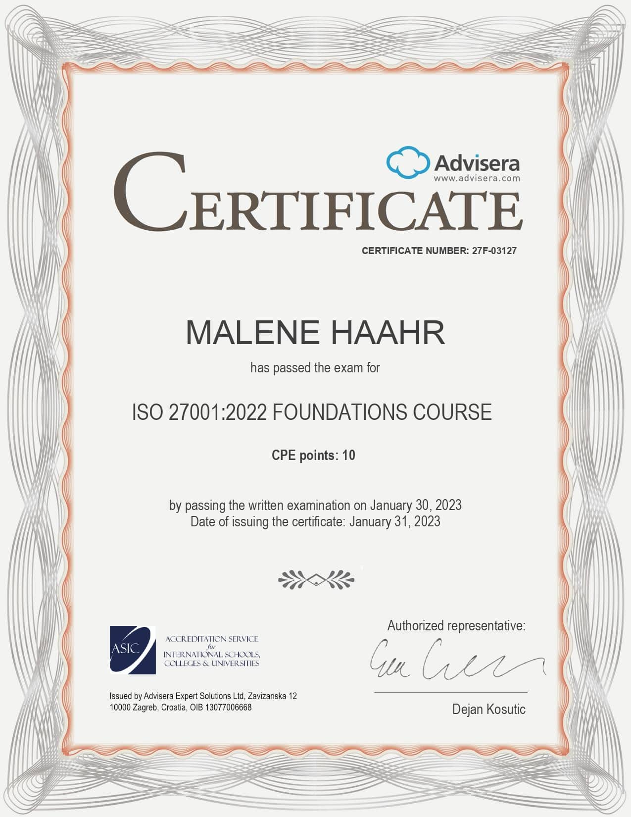 27F-03127 Certificate ISO 27001 Foundations Course MALENE HAAHR