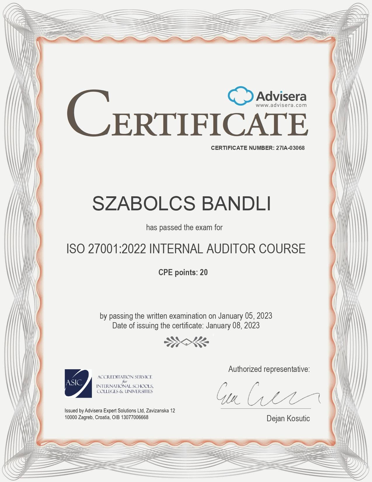 27IA-03068 Certificate ISO 27001 Internal Auditor SZABOLCS BANDLI
