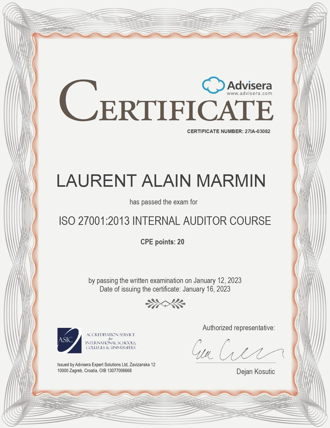 27IA-03082 Certificate ISO 27001 Internal Auditor LAURENT ALAIN MARMIN