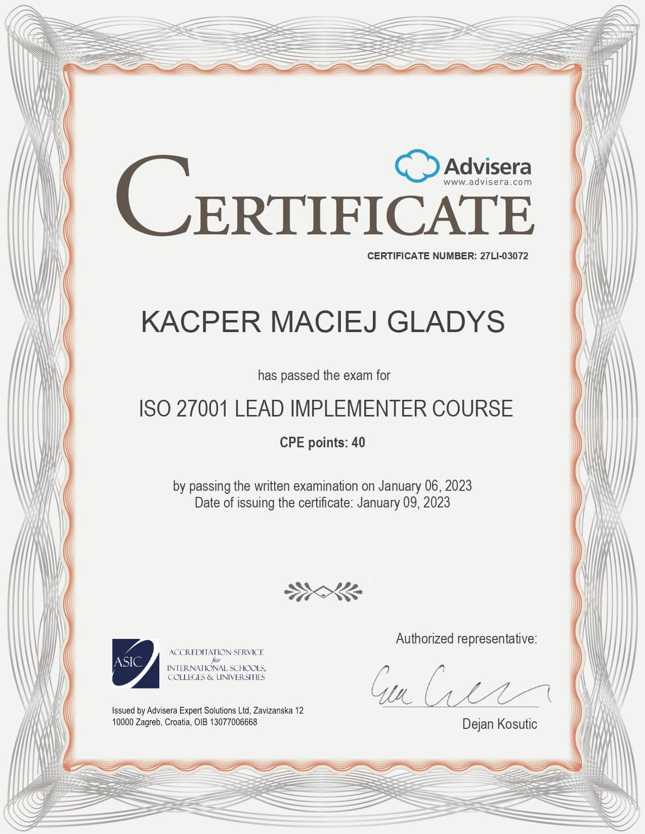 27LI-03072 Certificate ISO 27001 Lead Implementer KACPER MACIEJ GLADYS