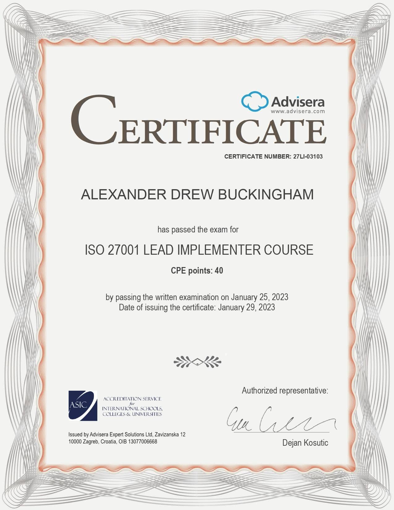 27LI-03103 Certificate ISO 27001 Lead Implementer ALEXANDER DREW BUCKINGHAM