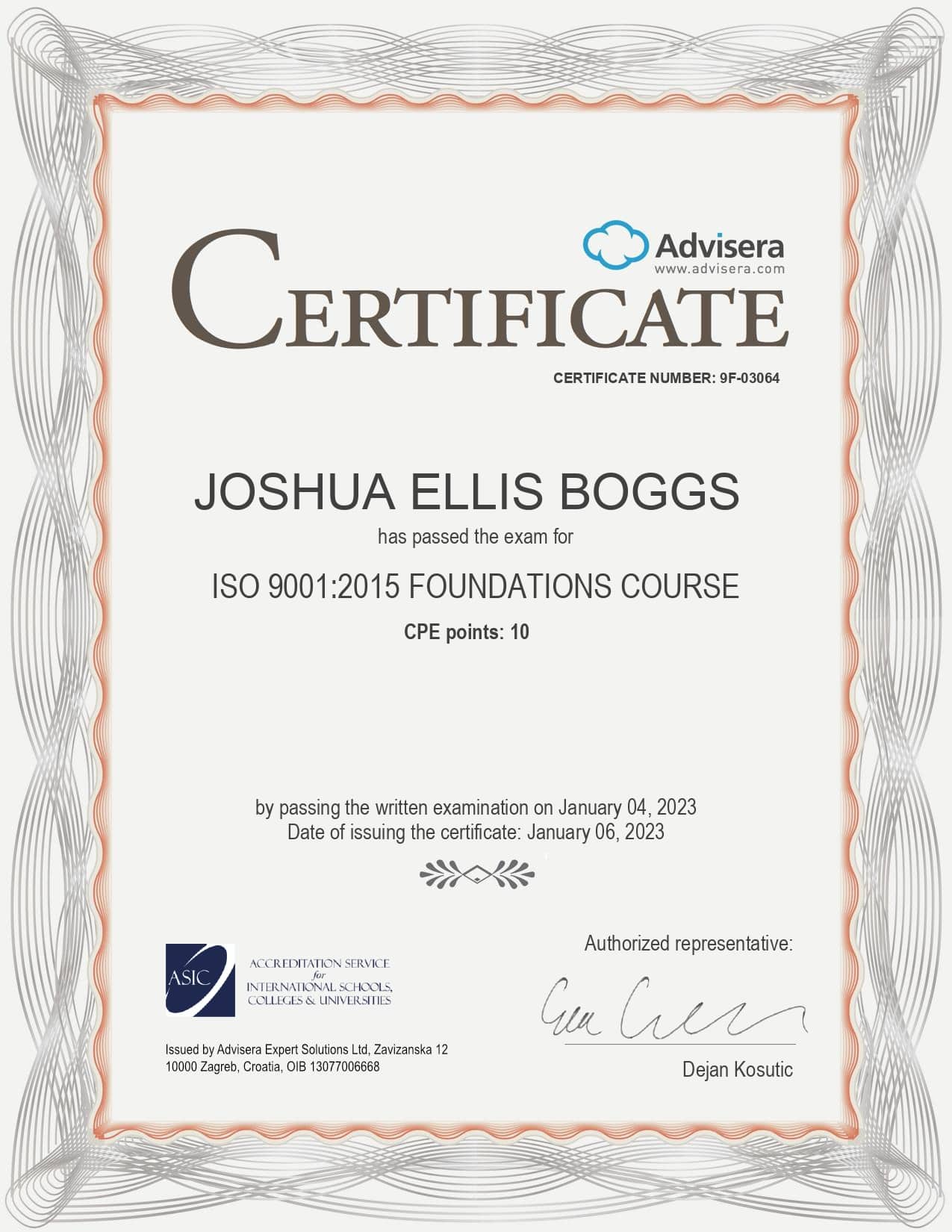9F-03064 Certificate ISO 9001 Foundations JOSHUA ELLIS BOGGS