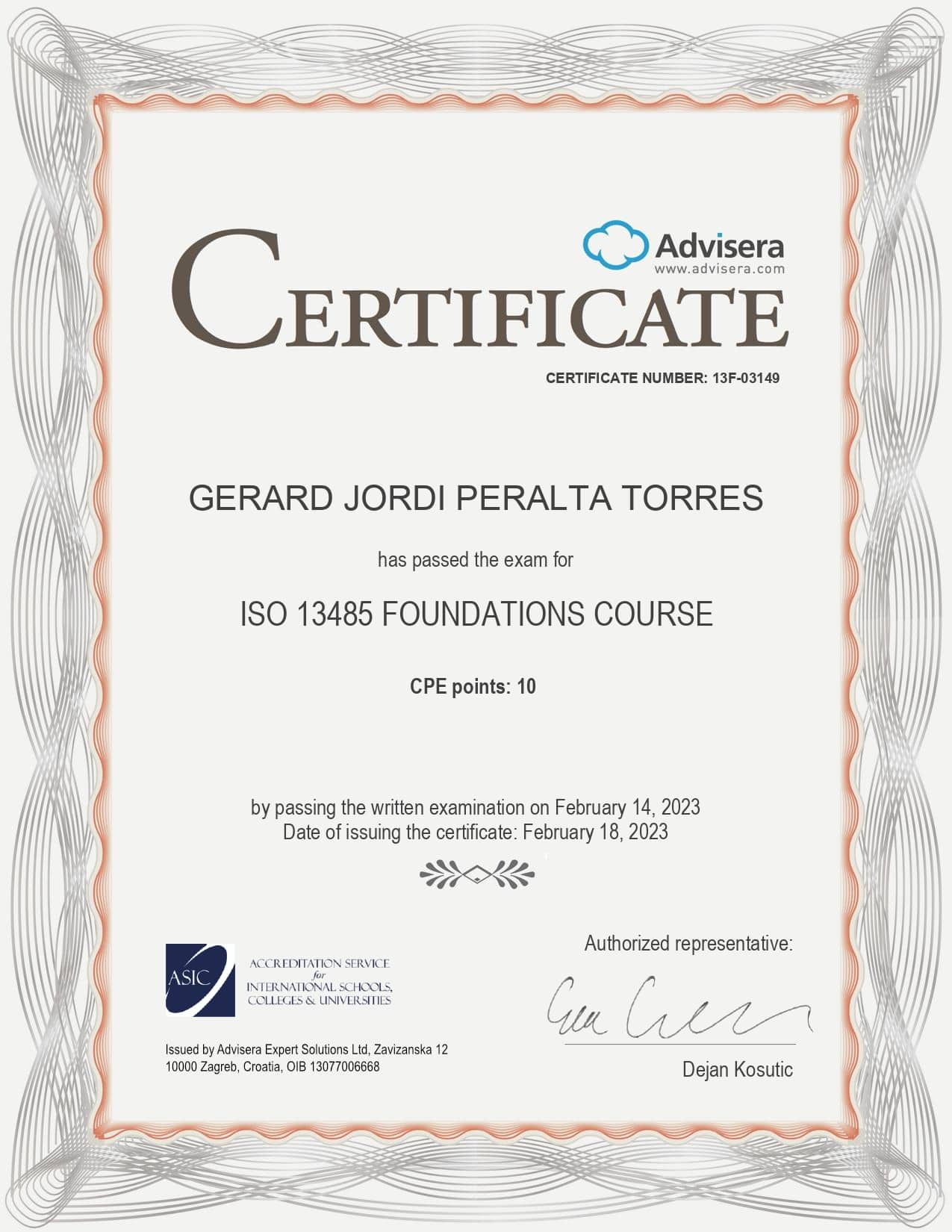 13F-03149 Certificate ISO 13485 Foundations GERARD JORDI PERALTA TORRES