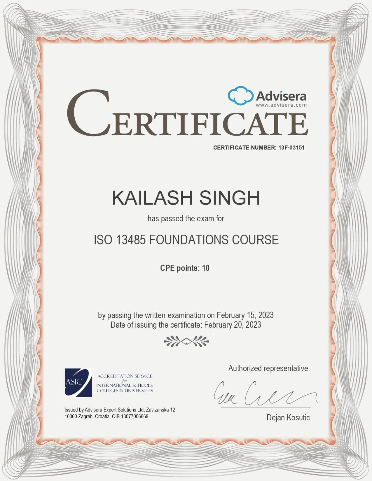 13F-03151 Certificate ISO 13485 Foundations KAILASH SINGH