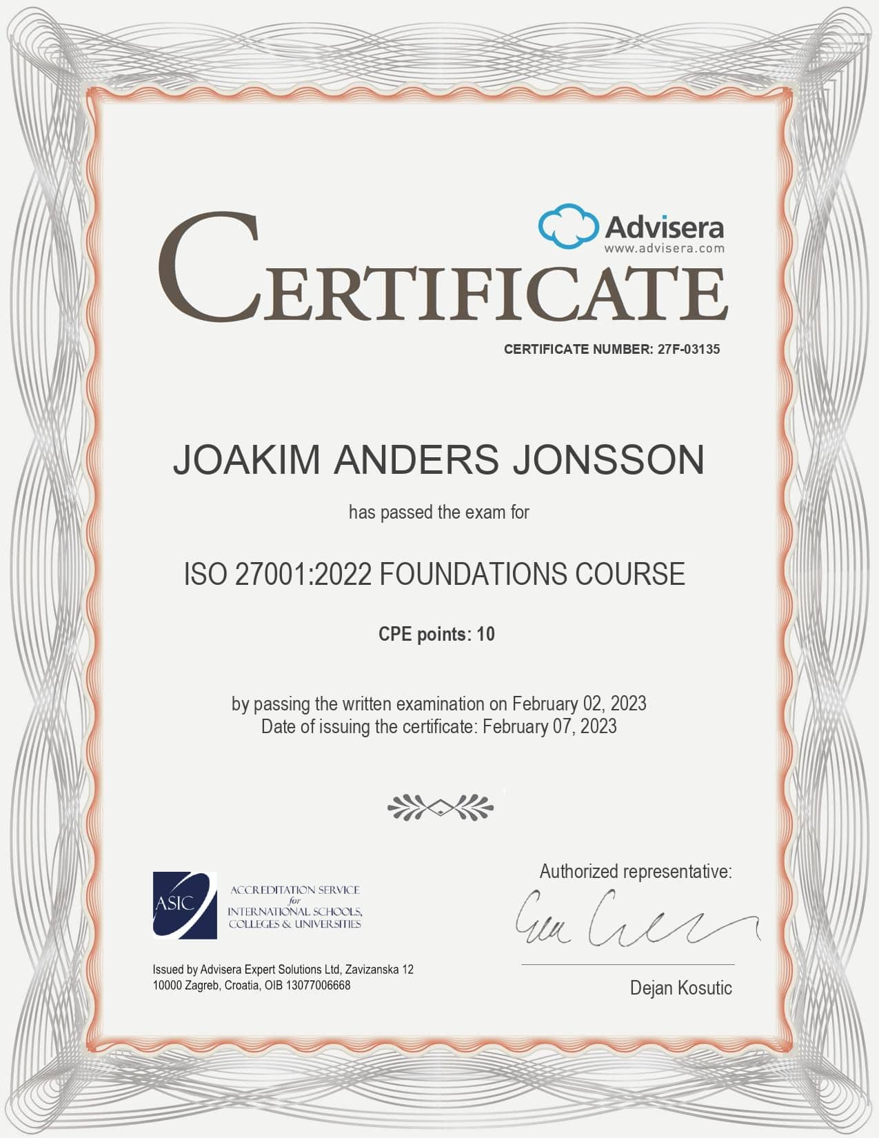 27F-03135 Certificate ISO 27001 Foundations Course JOAKIM ANDERS JONSSON