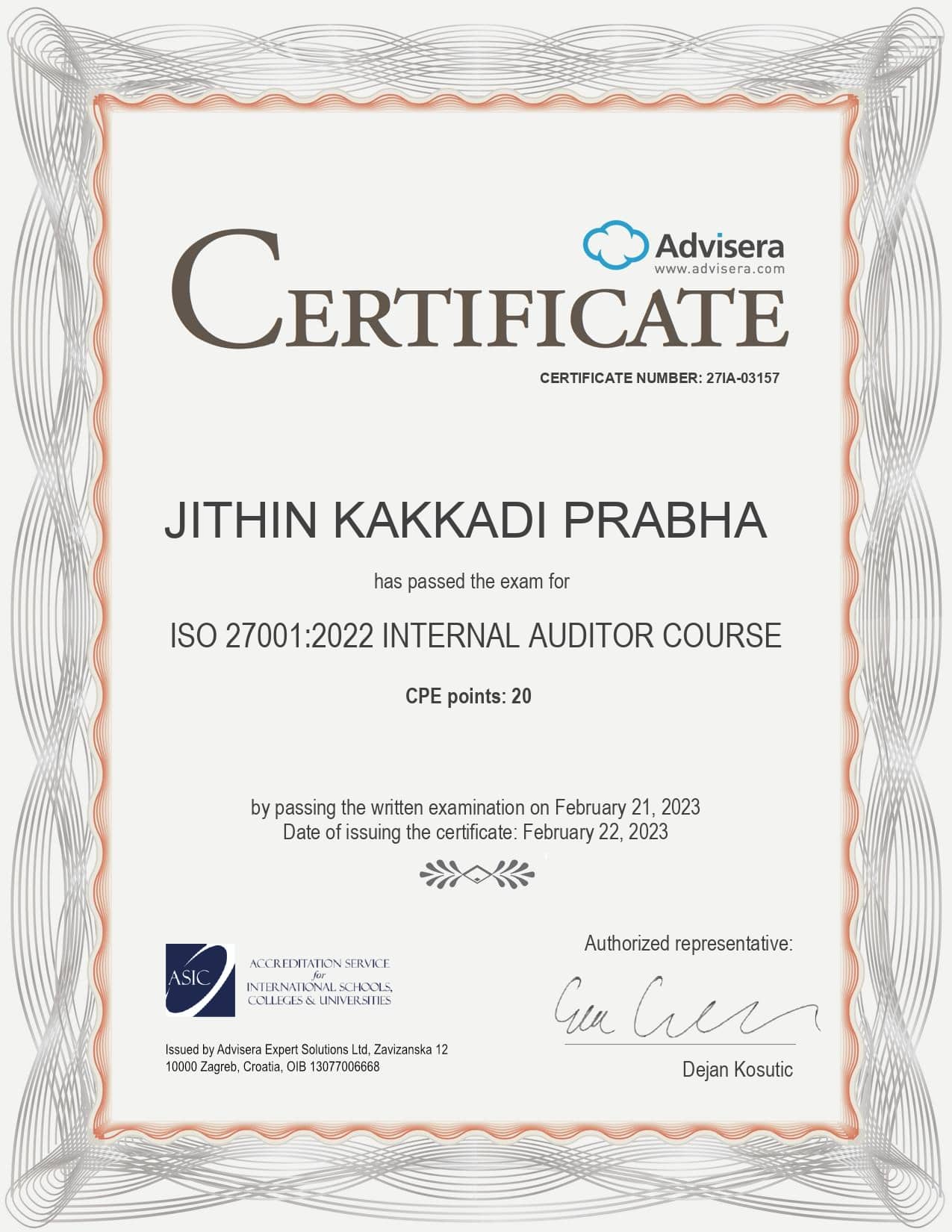 27IA-03157 Certificate ISO 27001 Internal Auditor JITHIN KAKKADI PRABHA