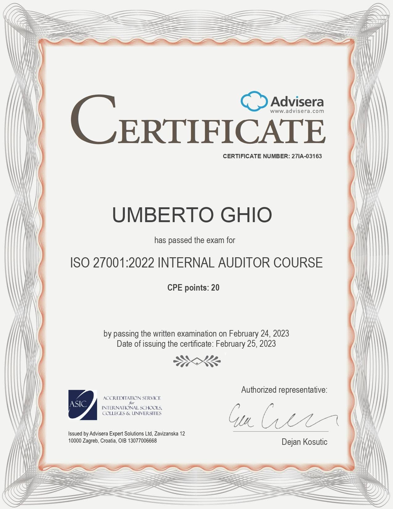 27IA-03163 Certificate ISO 27001 Internal Auditor UMBERTO GHIO