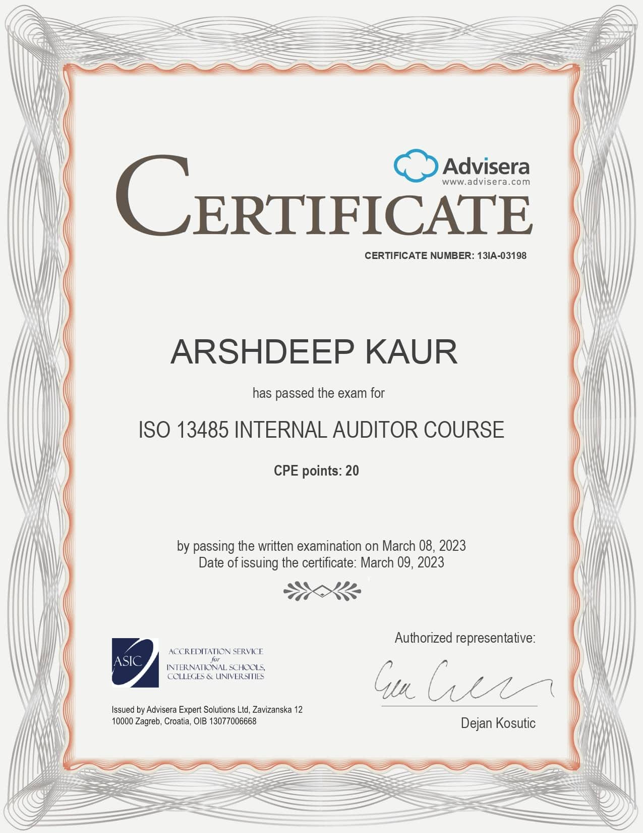 13IA-03198 Certificate ISO 13485 Internal Auditor ARSHDEEP KAUR