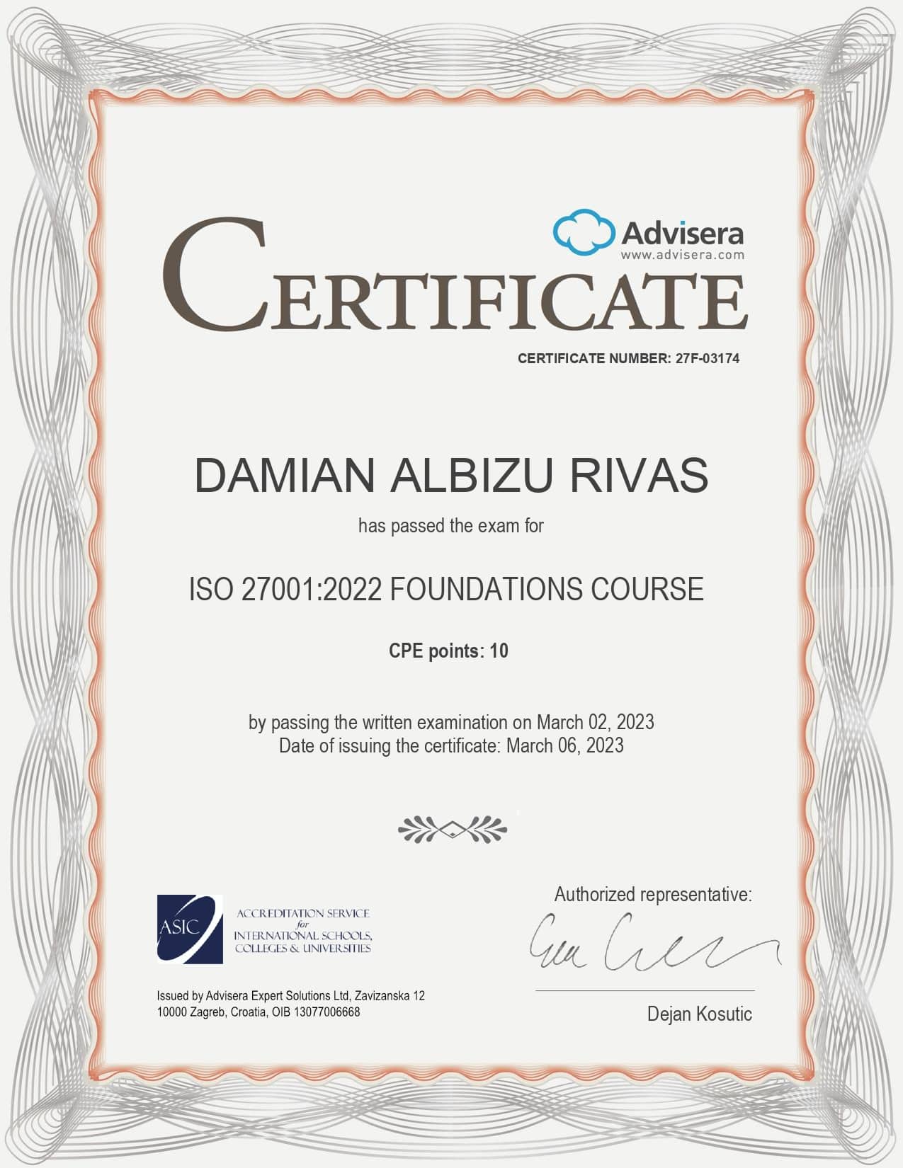 27F-03174 Certificate ISO 27001 Foundations Course DAMIAN ALBIZU RIVAS